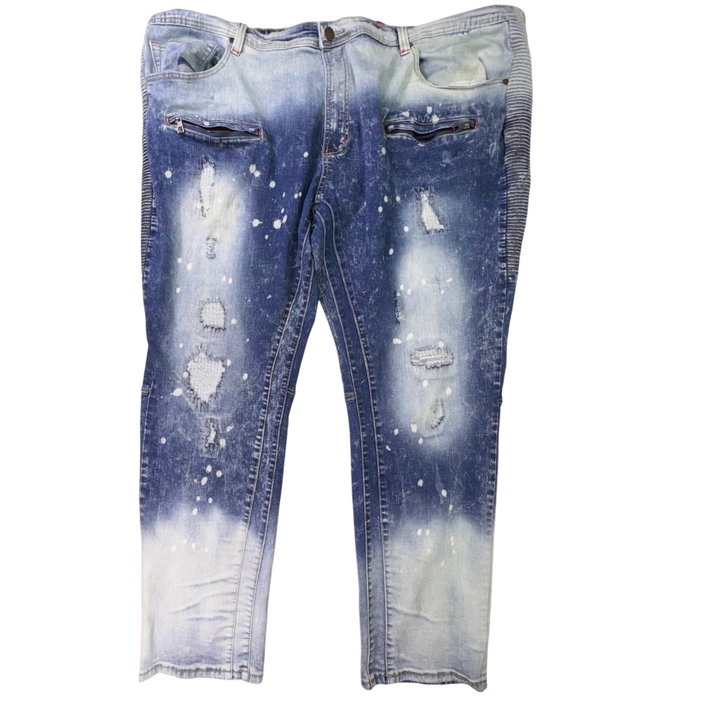 Makobi Men's Distressed Moto Jeans Size 52x34 Paint‎ Splatter Biker Denim